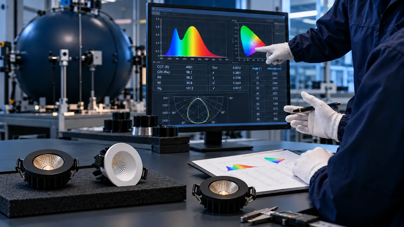 Two quality specialists discussing photometric test results beside an integrating sphere and irregularly arranged unpowered lighting samples