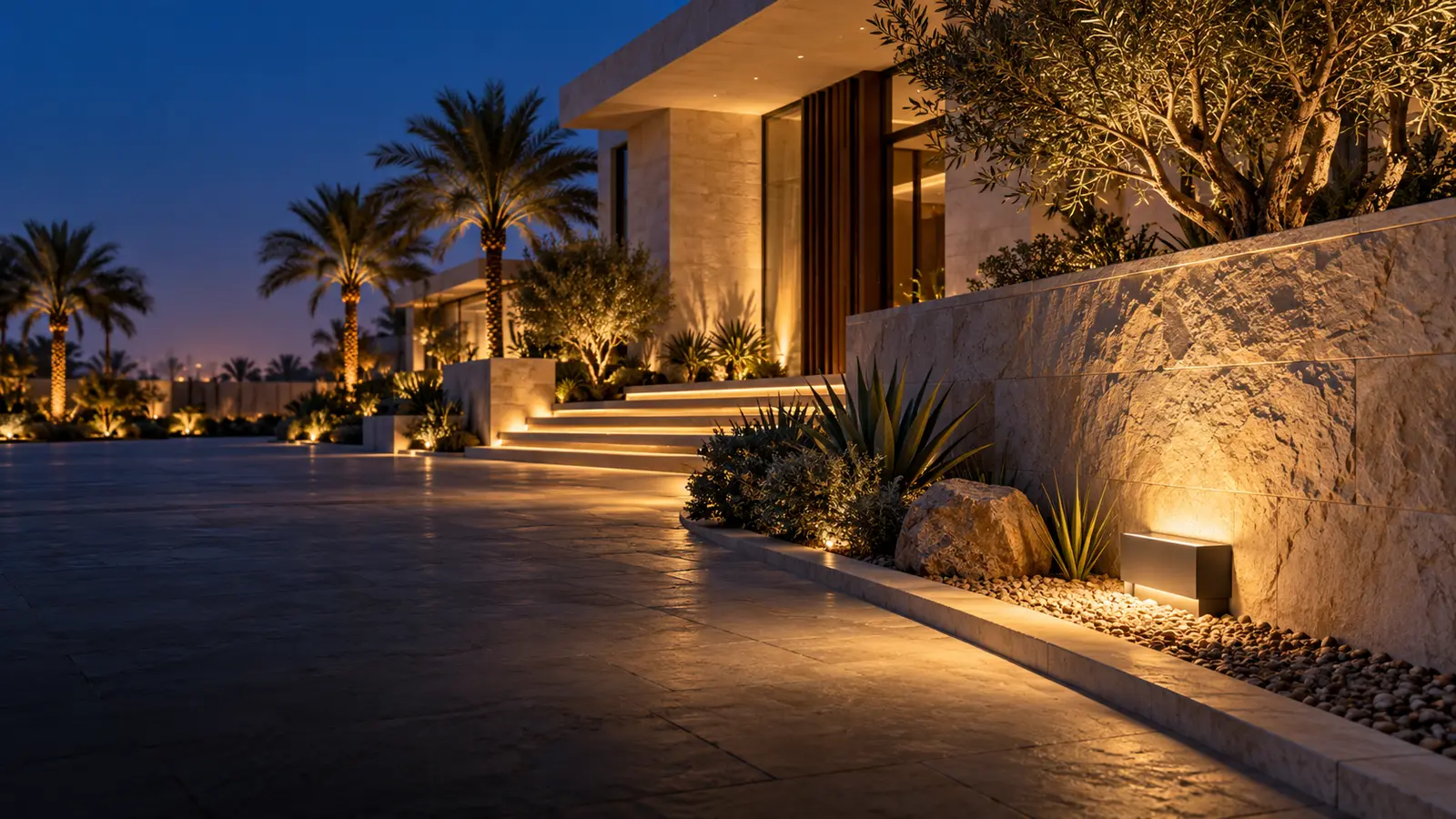 Professional exterior lighting in a contemporary UAE villa landscape