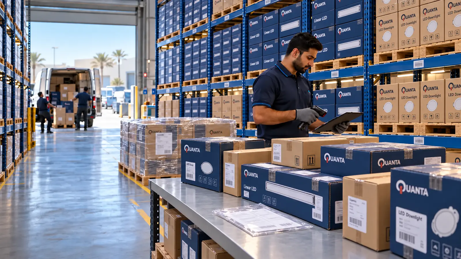 QUANTA warehouse dispatch controller checking a sealed order beside organized racks where each bay holds one repeated product type